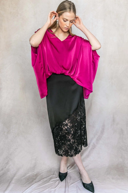 Satin Solid V-Neck Front Waist Elastic Flowy Top