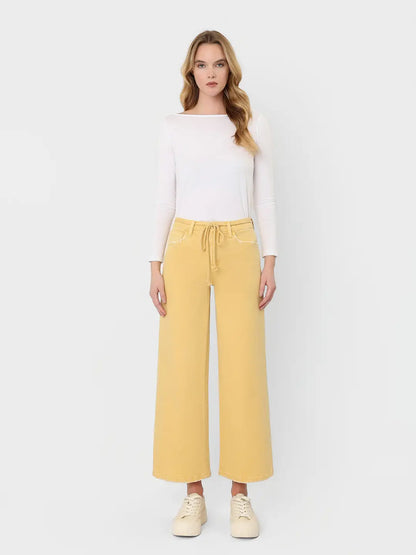 High Rise Drawstring Color Crop Wide Leg Jeans