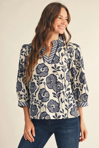 Ruffled Neckline V-Neck Floral Top