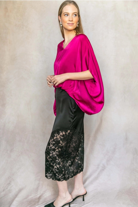 Satin Solid V-Neck Front Waist Elastic Flowy Top