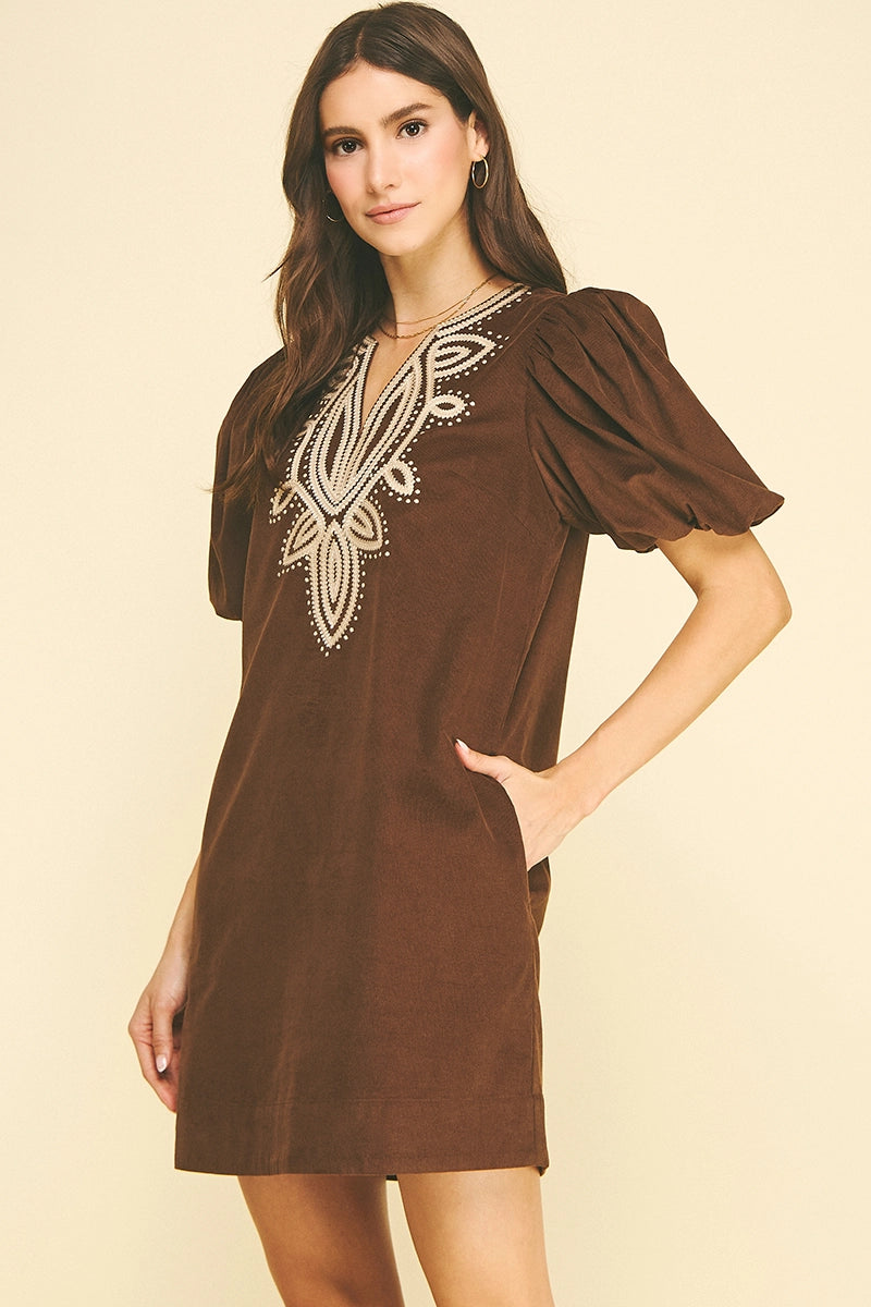 Corduroy Emboidery Detailed Mini Dress 