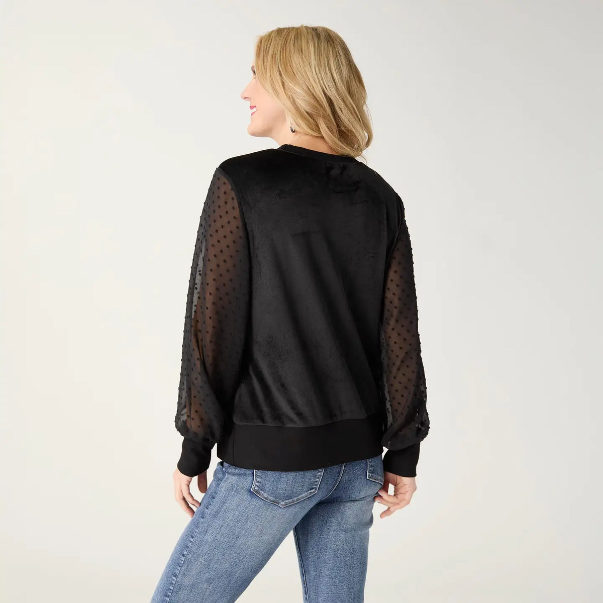 Velour Top with Swiss Dot Sleeves