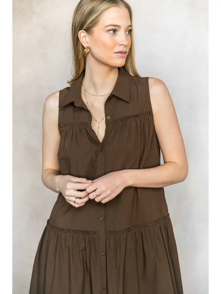 Poplin Sleeveless Button-Down Midi Dress