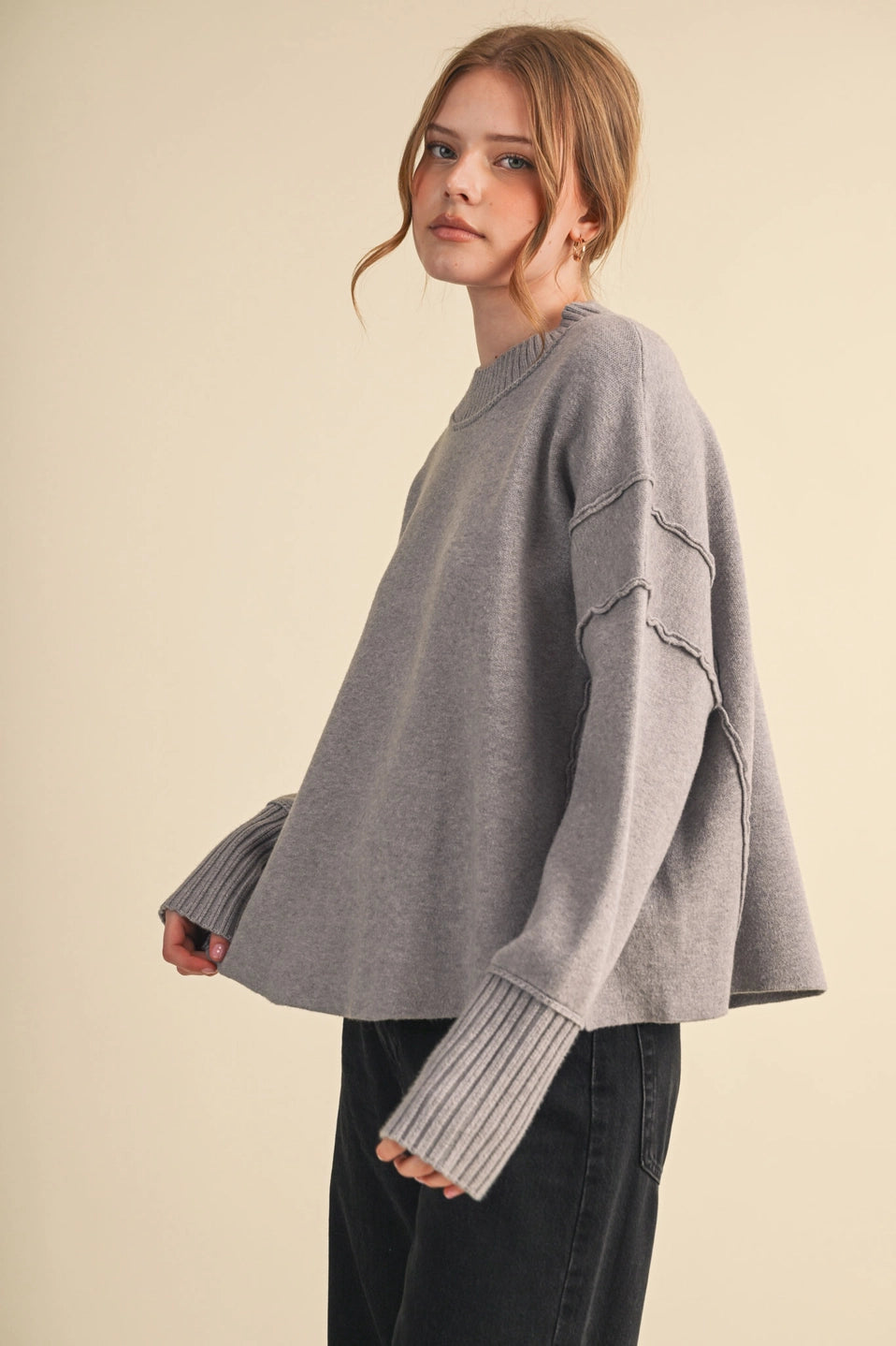 Drop Shoulder Long Sleeve Ribbed Sweater