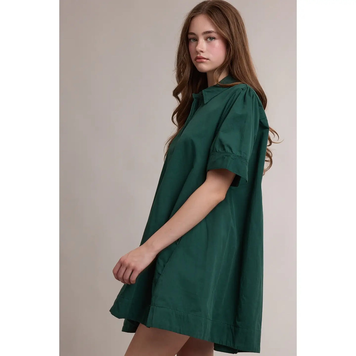 Collared Half Button Mini Shirt Dress