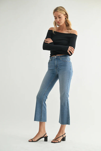 High Rise Crop Flare w/ Distressed Hem