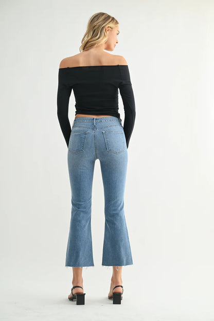 High Rise Crop Flare w/ Distressed Hem