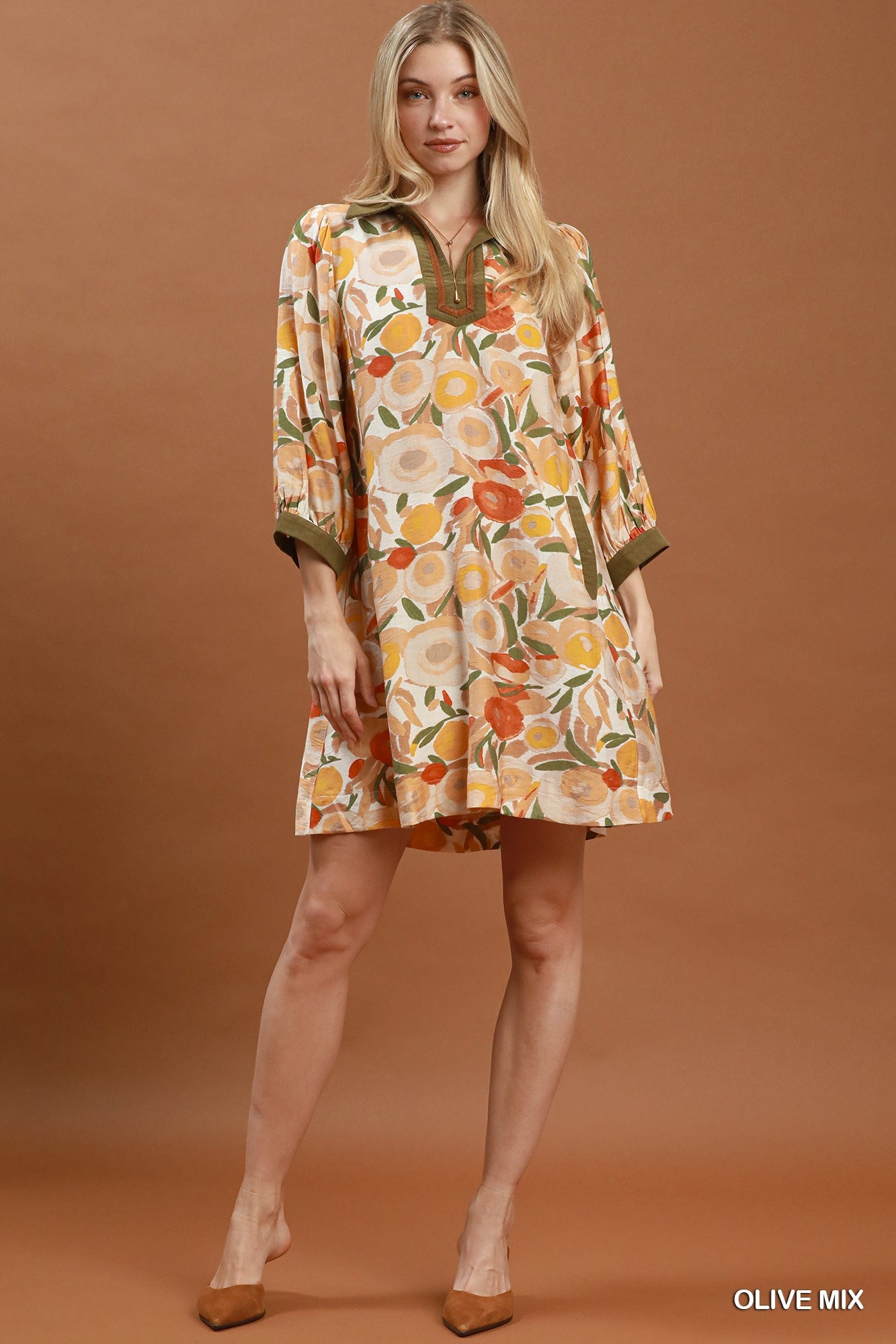 Collared Puff Sleeve Mixed Media Print Dress