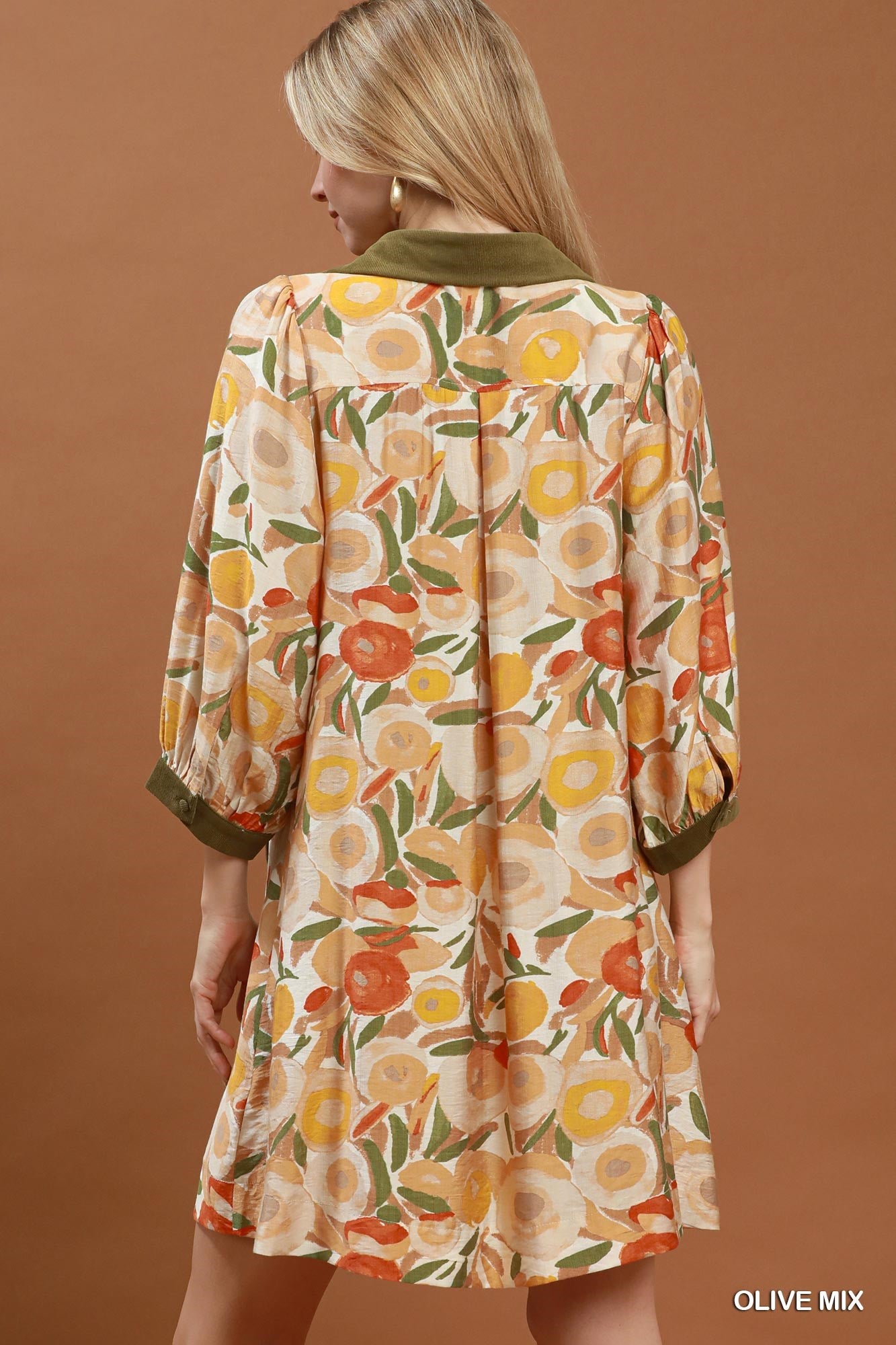 Collared Puff Sleeve Mixed Media Print Dress