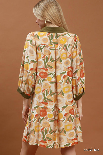 Collared Puff Sleeve Mixed Media Print Dress