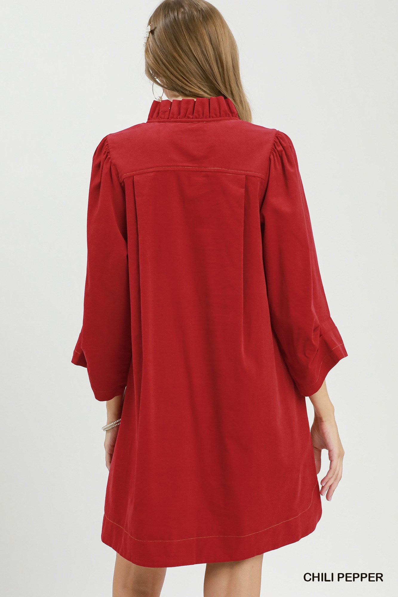 Corduroy 3/4 Sleeve V-Neck Shift Dress