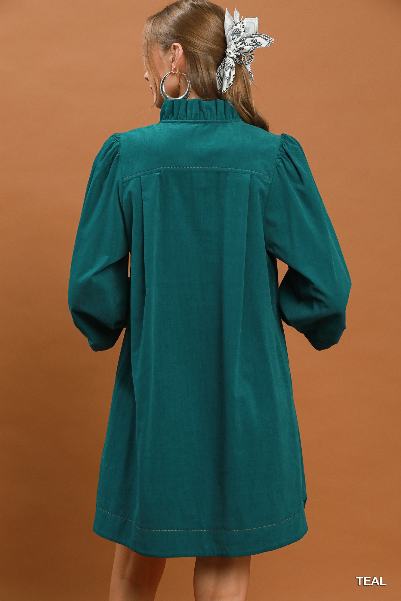 Corduroy 3/4 Sleeve V-Neck Shift Dress