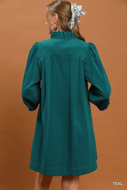 Corduroy 3/4 Sleeve V-Neck Shift Dress