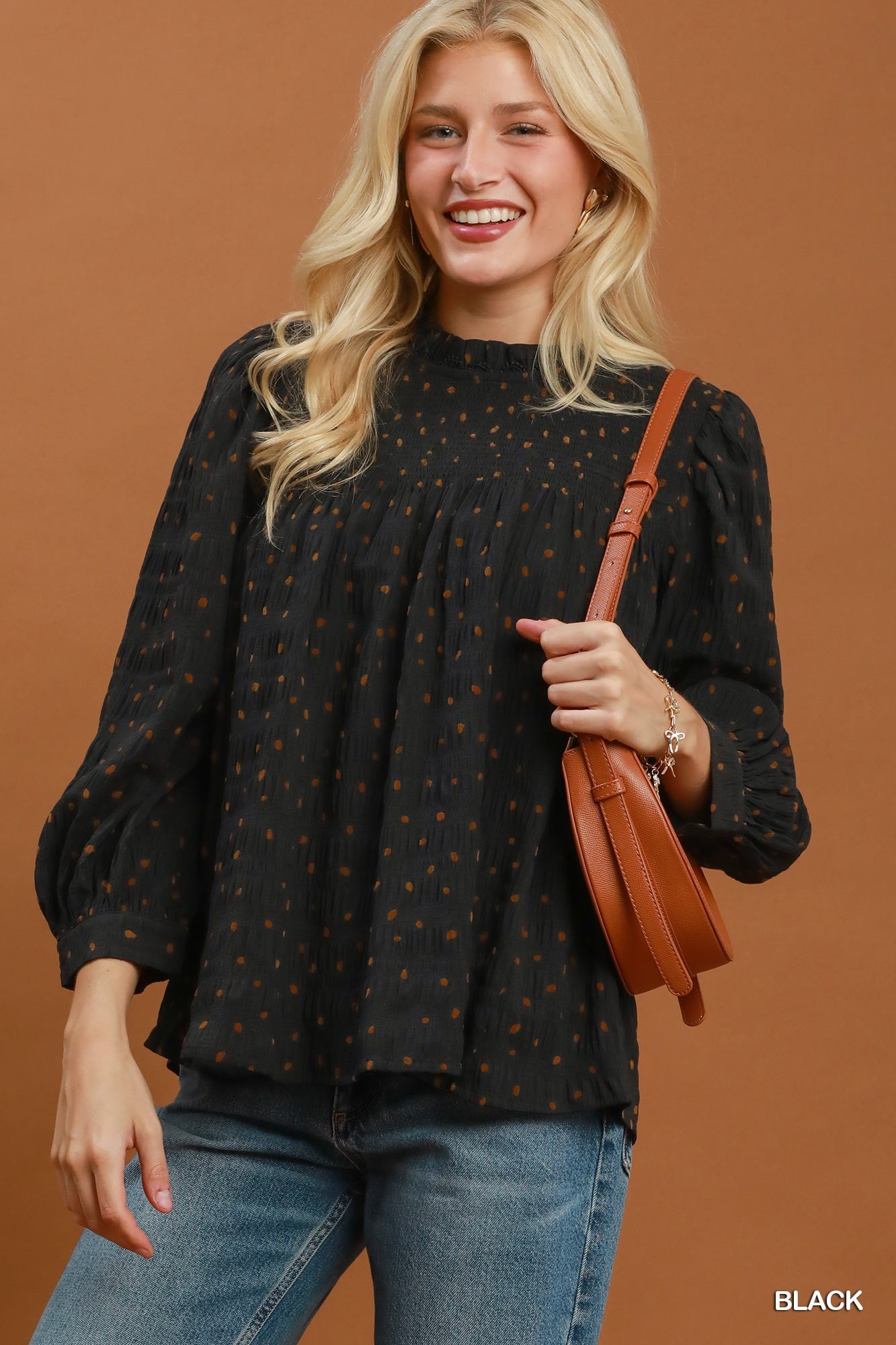 Dot Print Smocked Blouse