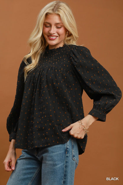 Dot Print Smocked Blouse