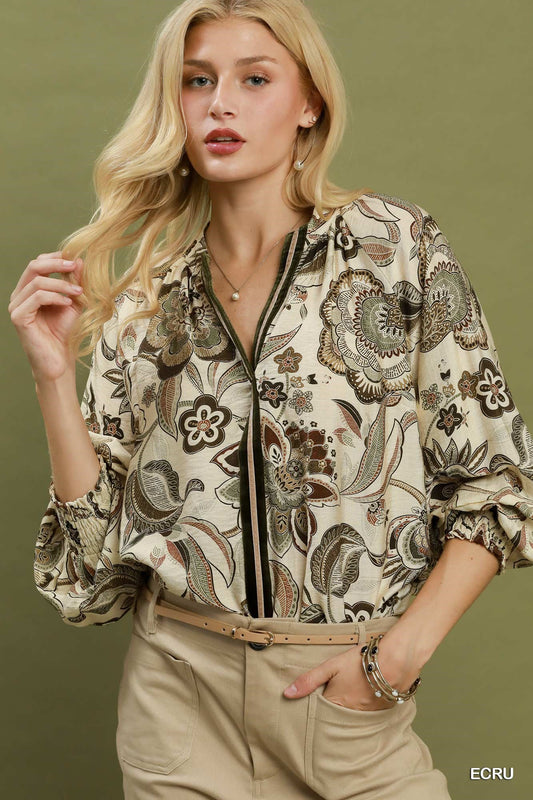 Abstract Print Smocked Neck Top