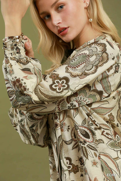 Abstract Print Smocked Neck Top