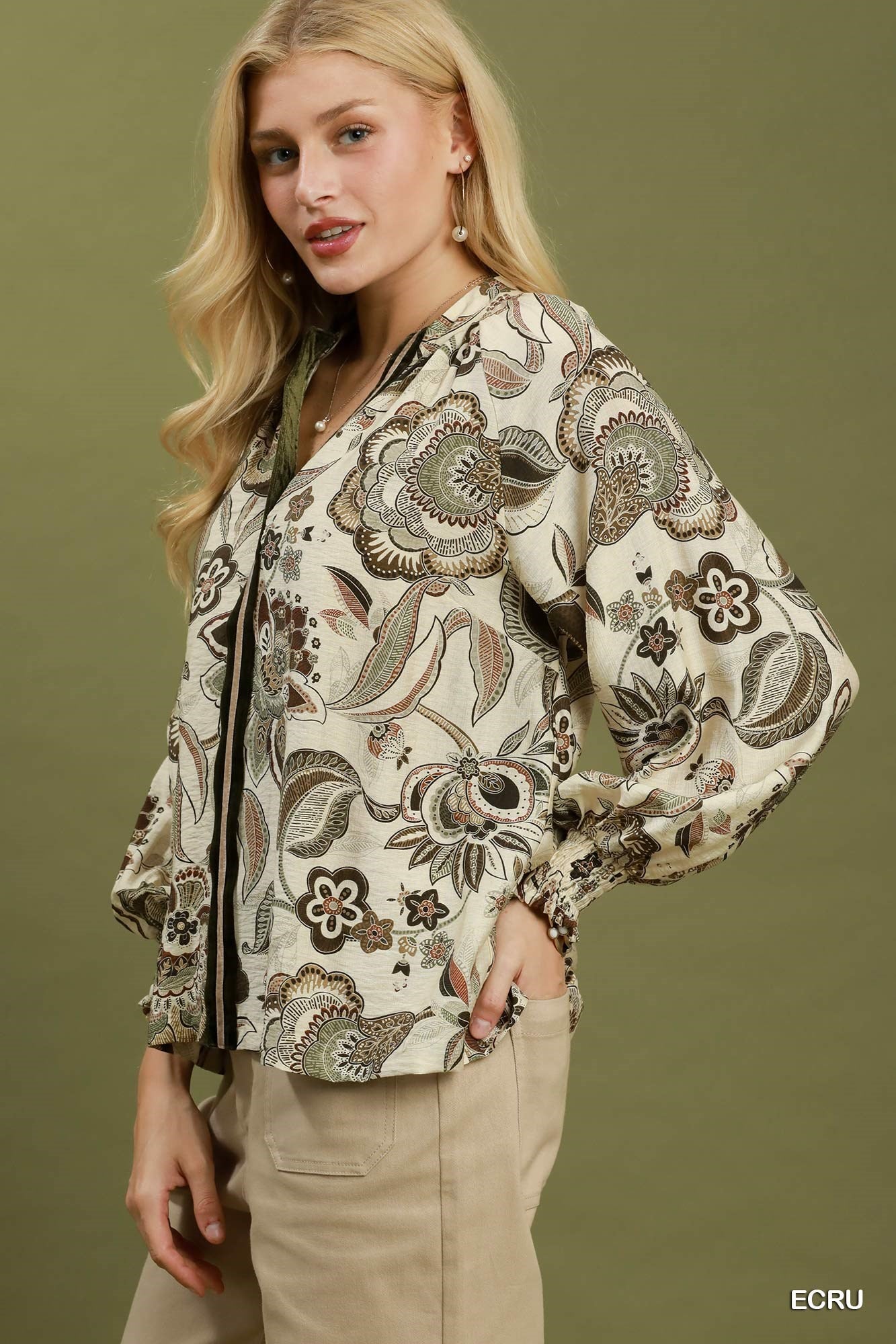 Abstract Print Smocked Neck Top
