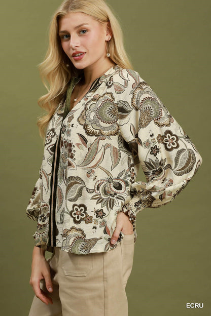 Abstract Print Smocked Neck Top
