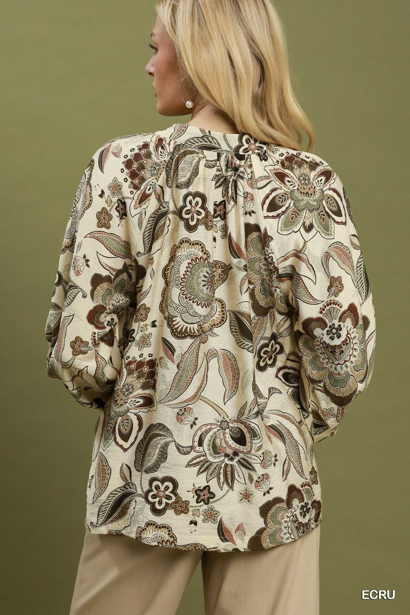 Abstract Print Smocked Neck Top