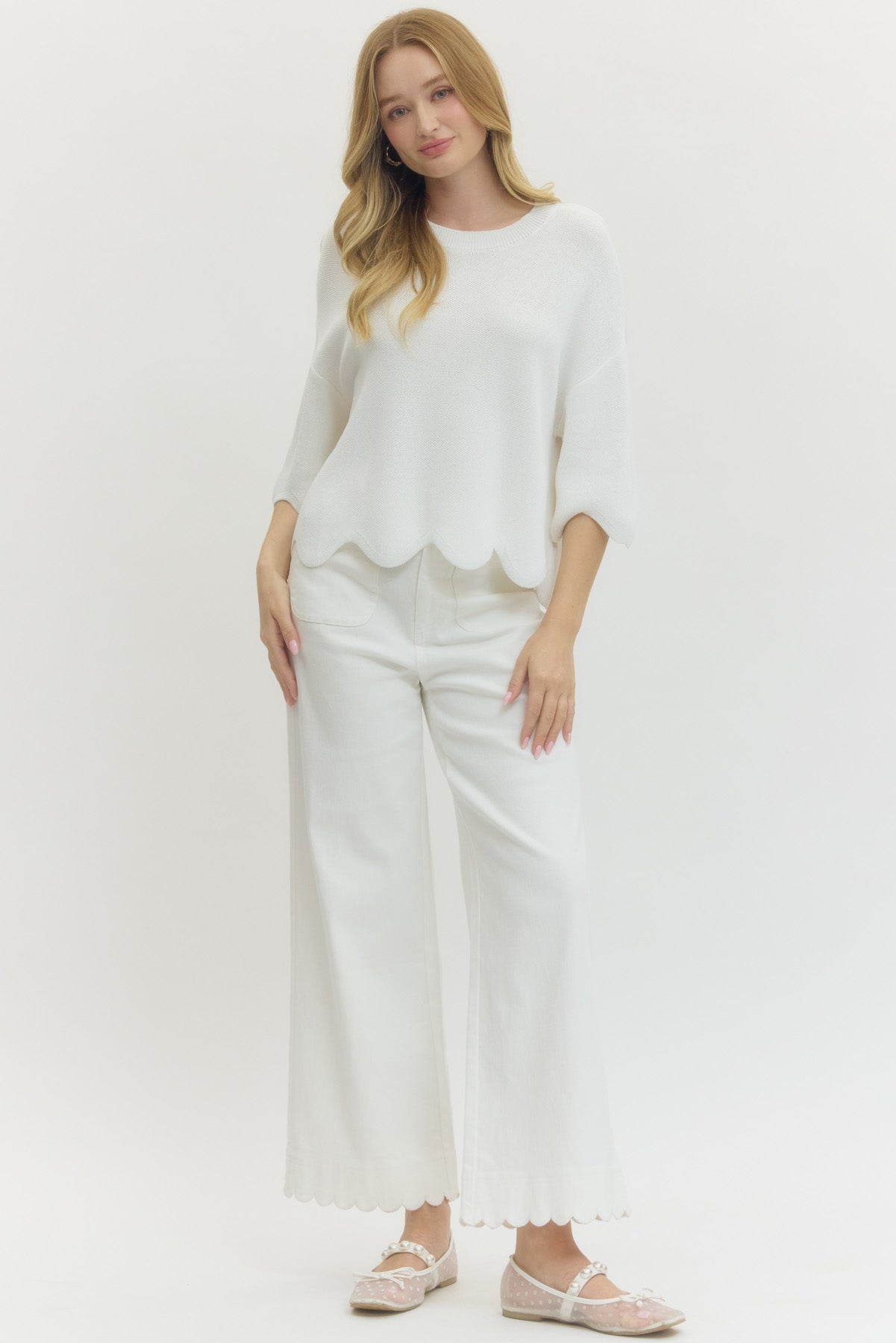 Wavy Cropped 3/4 Sleeve Sweater