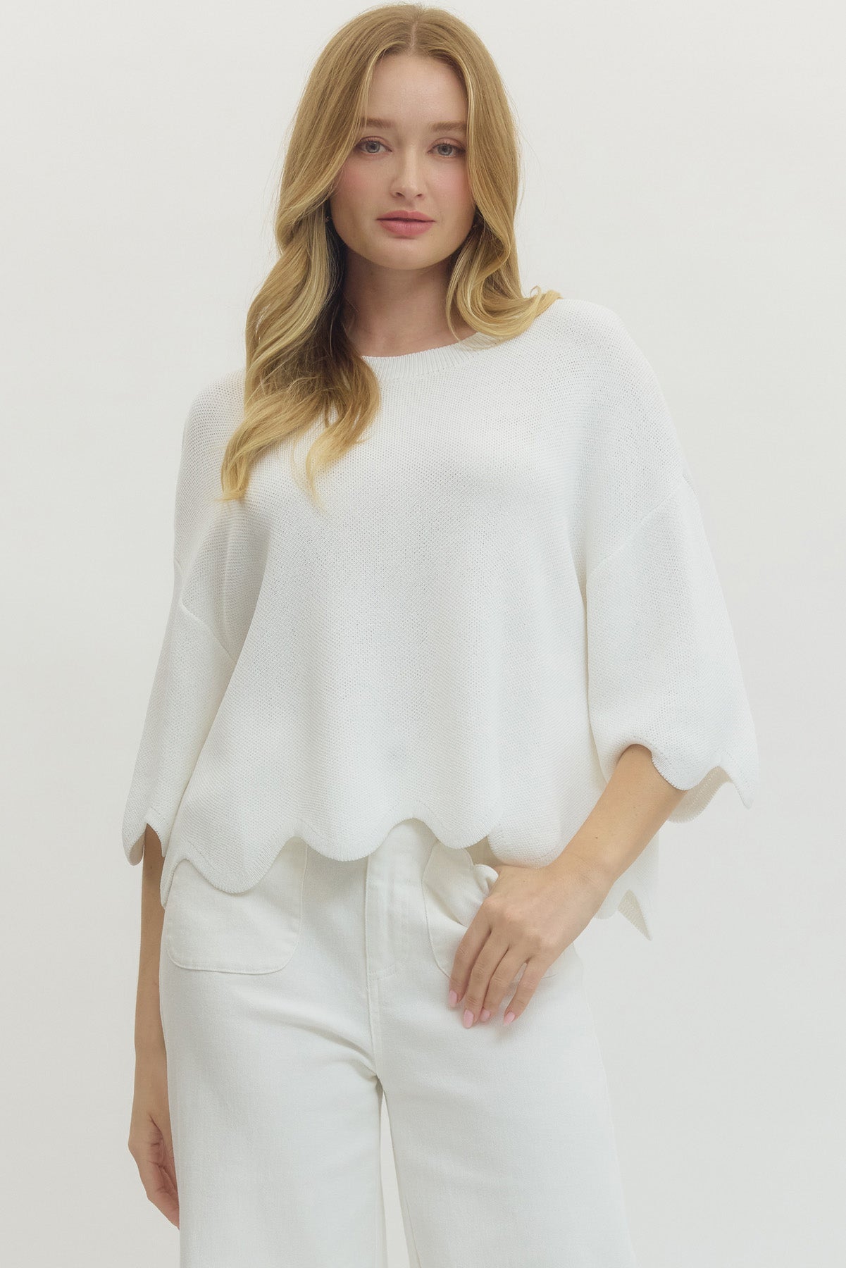 Wavy Cropped 3/4 Sleeve Sweater