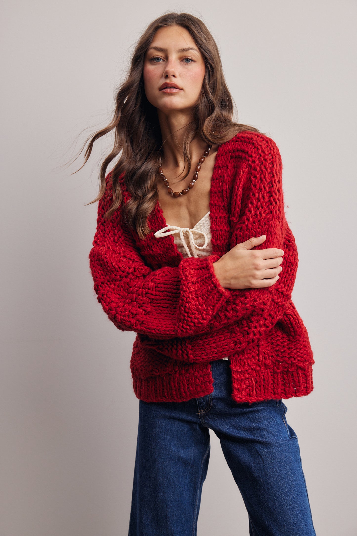 Red Handmade Chunky Knit Cardigan