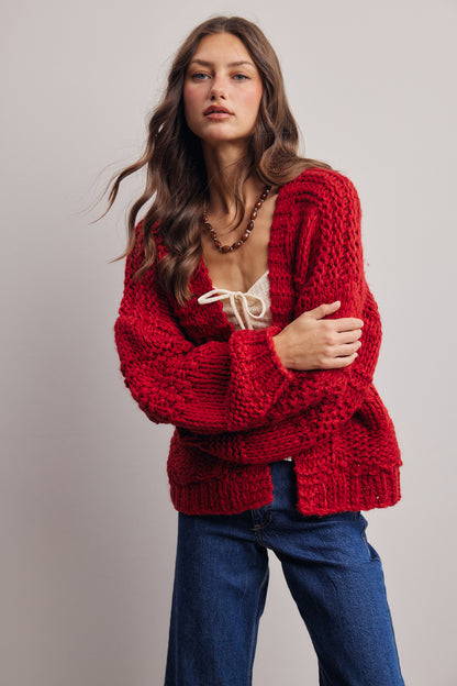 Red Handmade Chunky Knit Cardigan