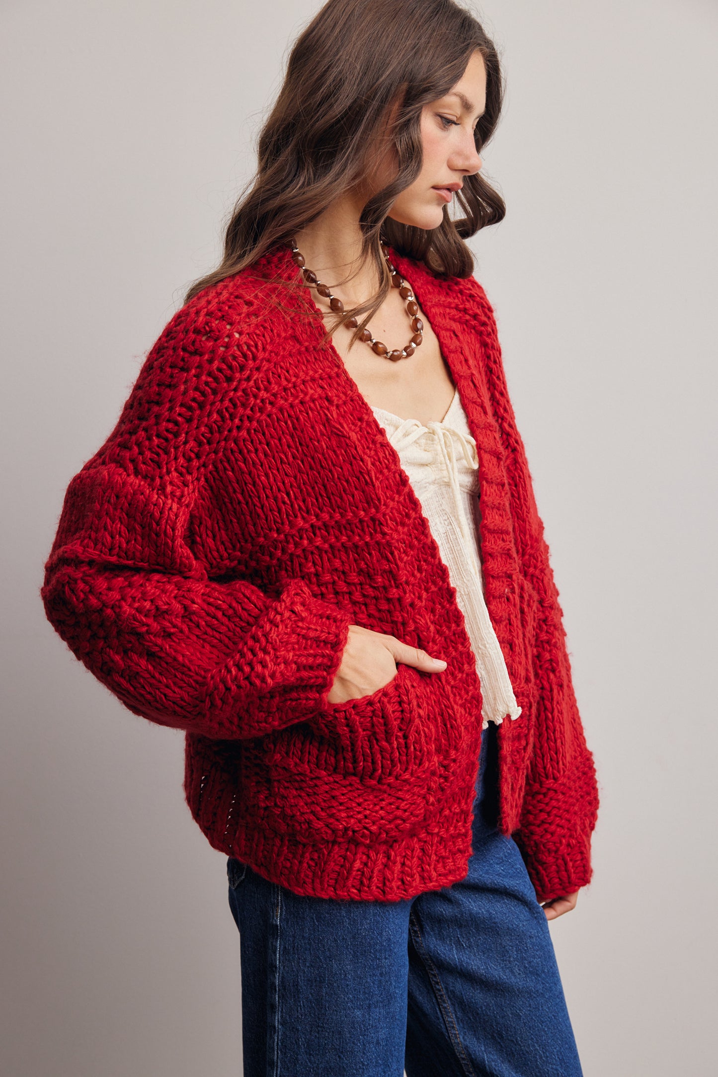 Red Handmade Chunky Knit Cardigan