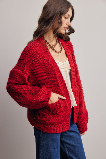 Red Handmade Chunky Knit Cardigan