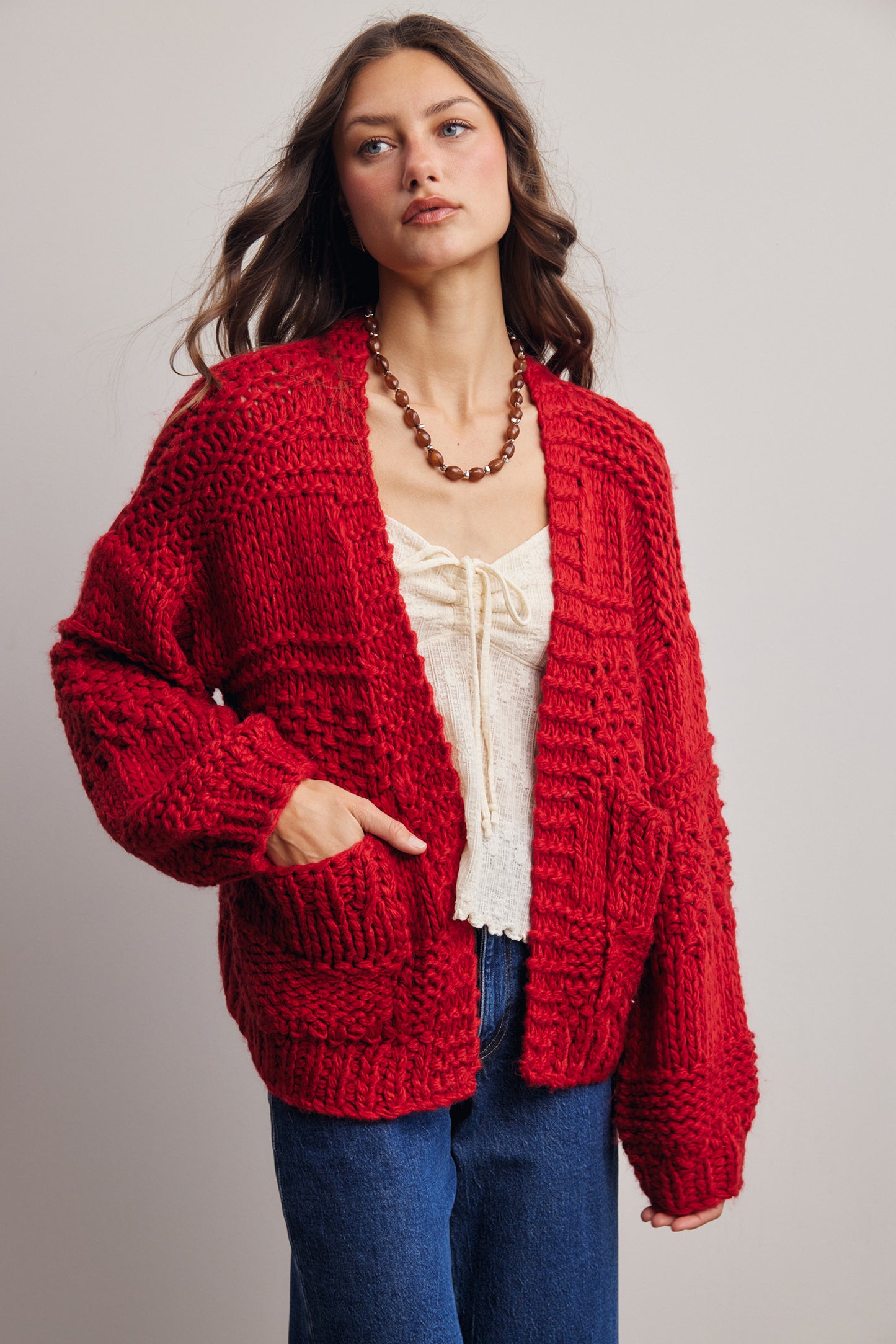 Red Handmade Chunky Knit Cardigan
