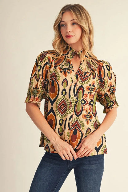 Short Puff Sleeve Boho Print Top