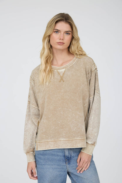 Acid Wash Long Sleeve Side Slit Knit Top