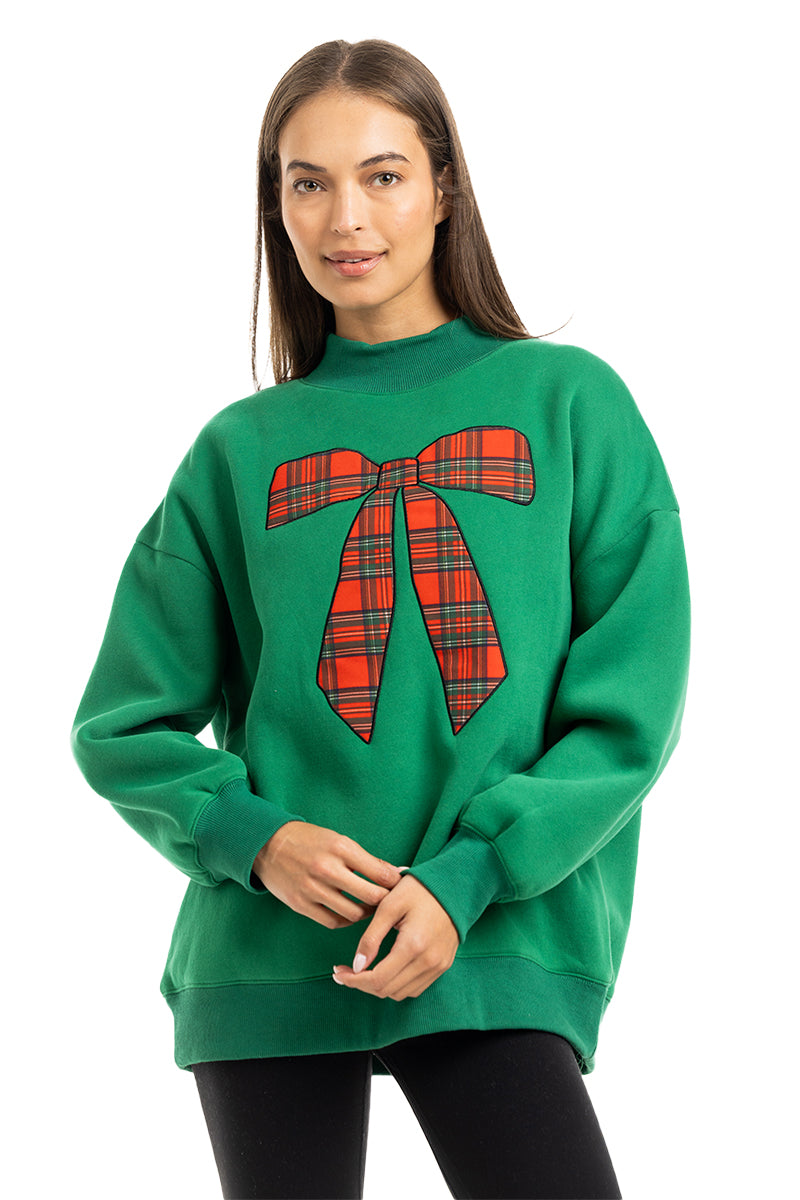 Plaid Bow Mock Neck Sweatshirt