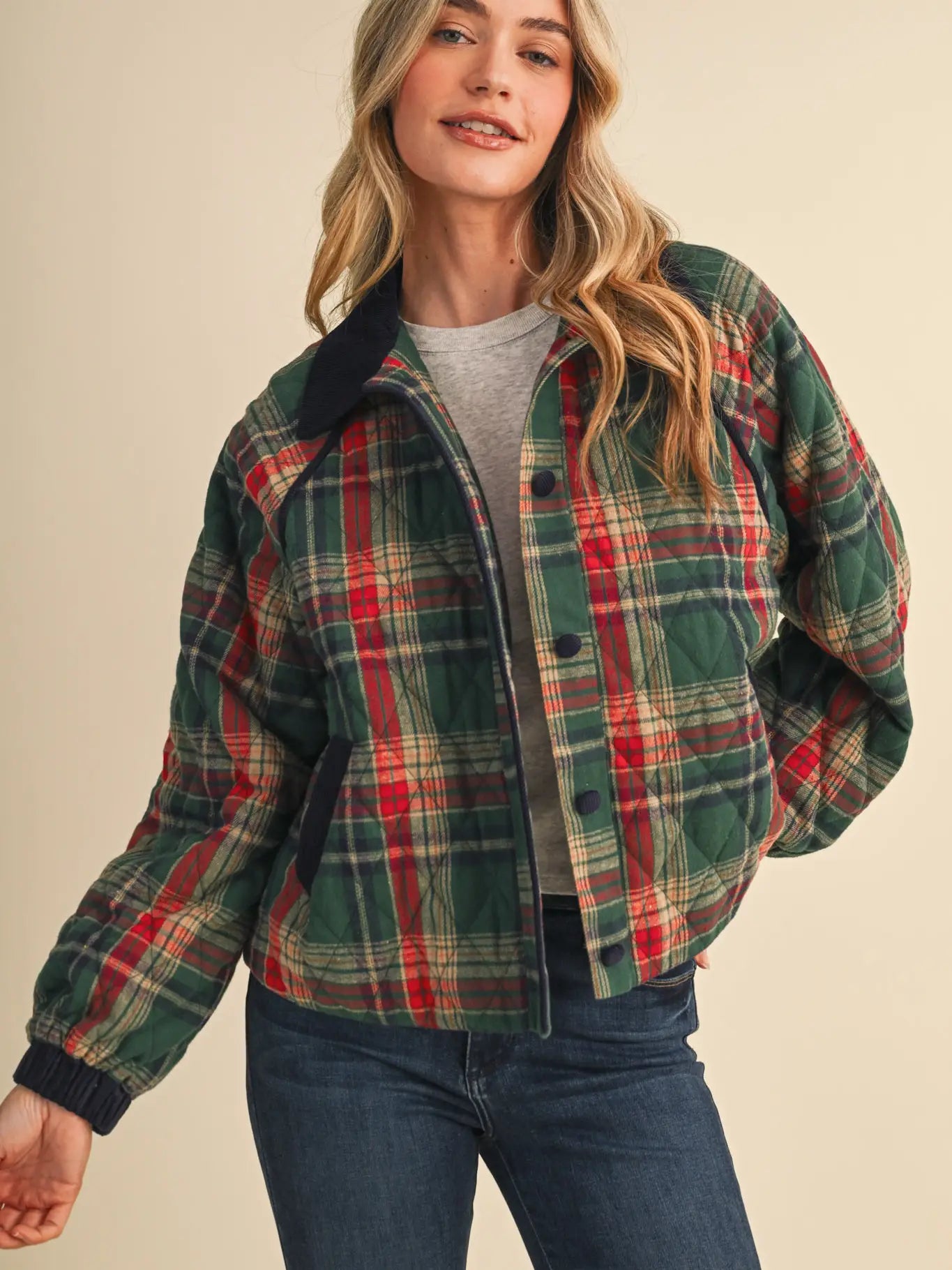Plaid Quilted Jacket with Contrast Corduroy | 2 Colors Available