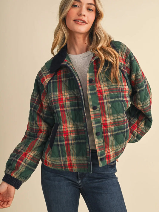 Plaid Quilted Jacket with Contrast Corduroy | 2 Colors Available