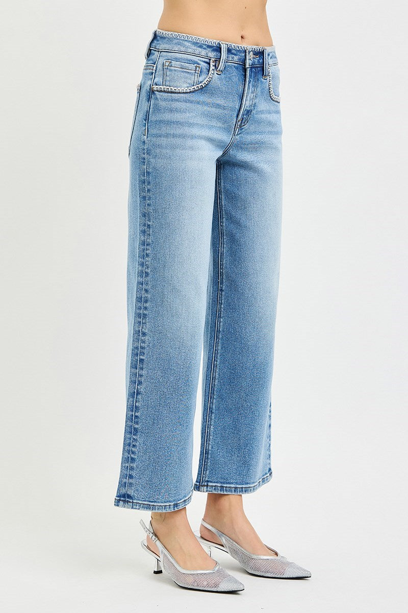 High Rise Crop Wide Jeans with Embroidered Details