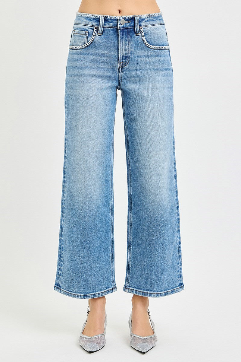 High Rise Crop Wide Jeans with Embroidered Details