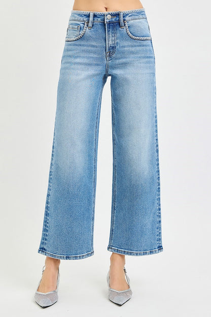 High Rise Crop Wide Jeans with Embroidered Details