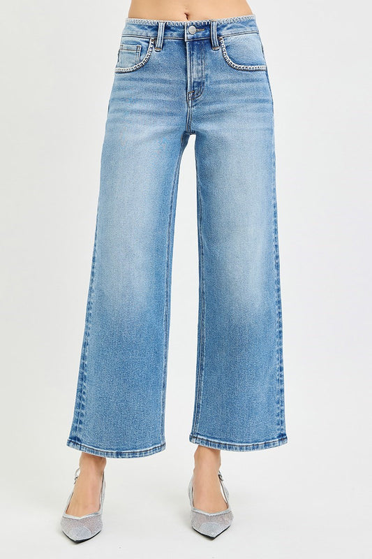 High Rise Crop Wide Jeans with Embroidered Details
