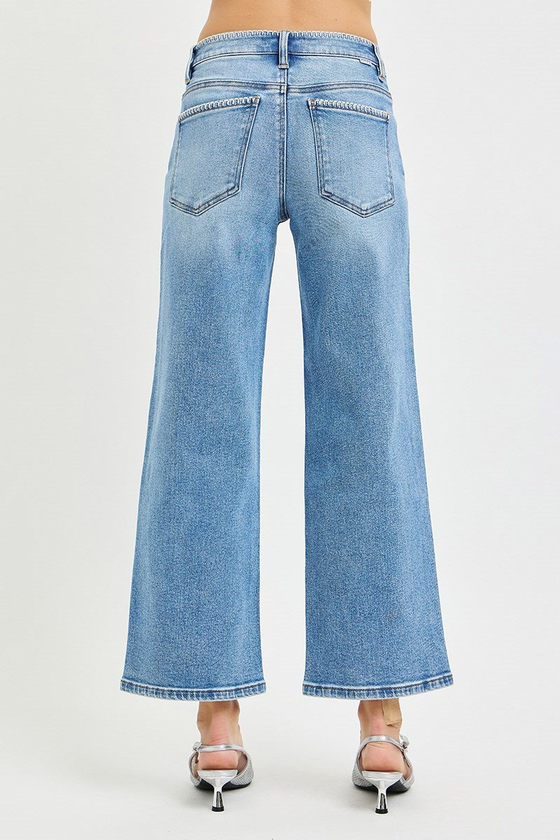High Rise Crop Wide Jeans with Embroidered Details
