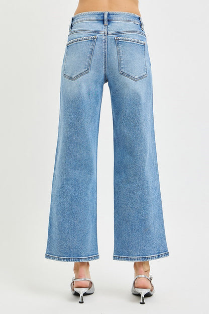 High Rise Crop Wide Jeans with Embroidered Details