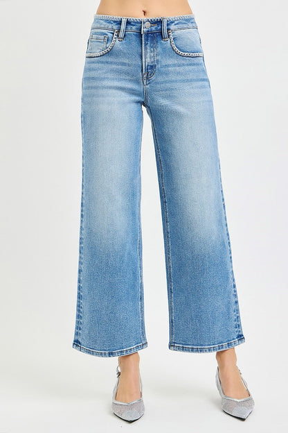 High Rise Crop Wide Jeans with Embroidered Details