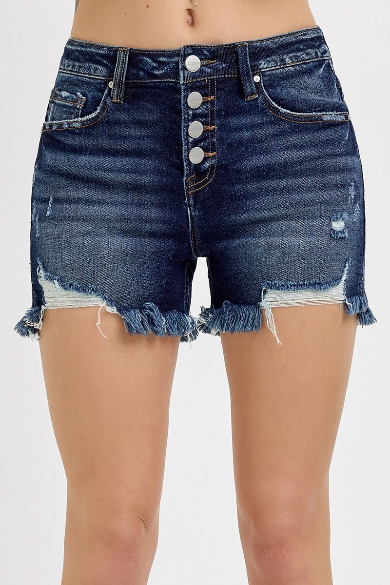 High Rise Button Down Step Side Hem Shorts
