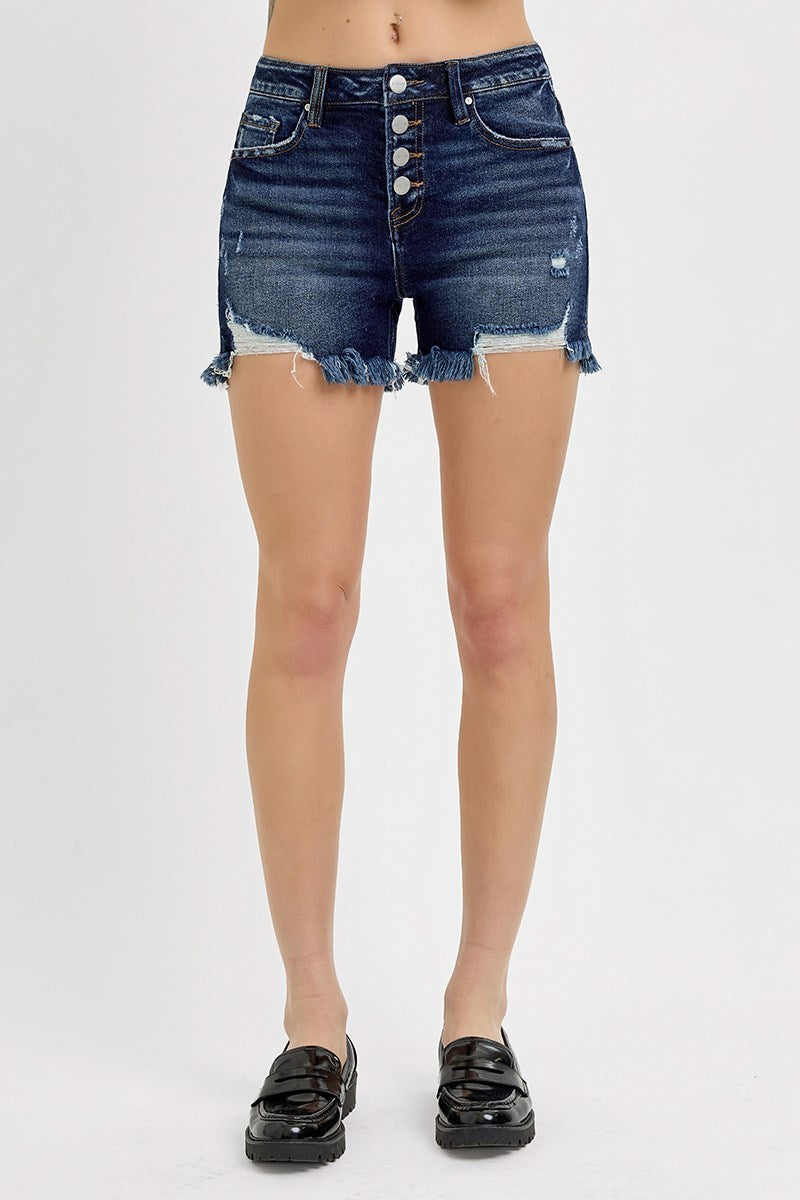High Rise Button Down Step Side Hem Shorts