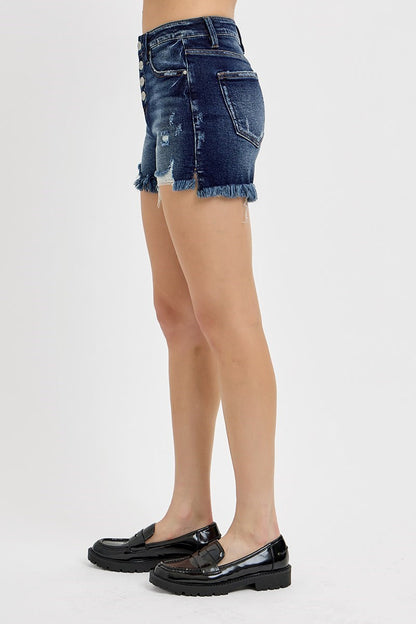 High Rise Button Down Step Side Hem Shorts