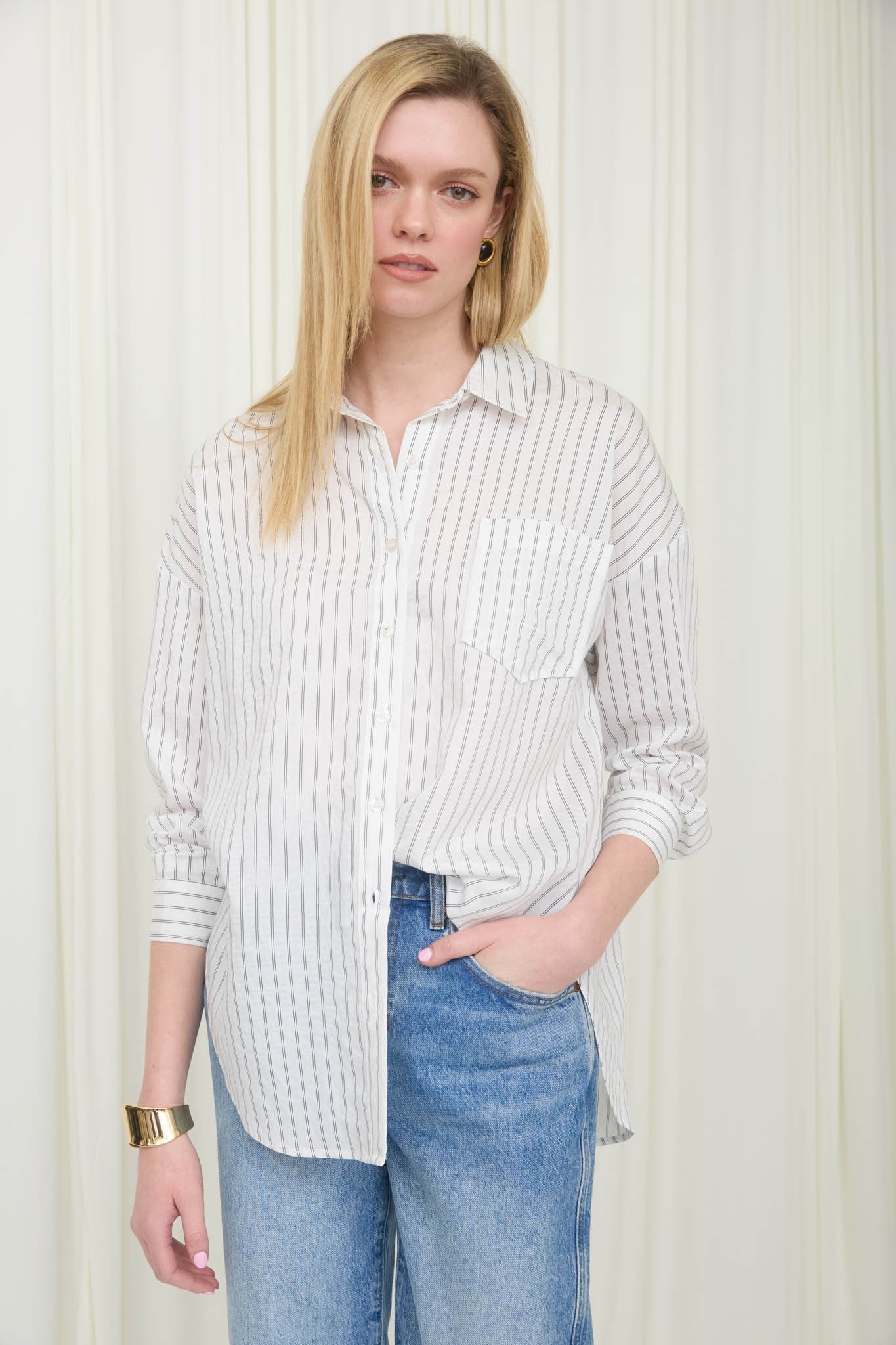 Ivory Striped Collared Long Sleeve Shirt