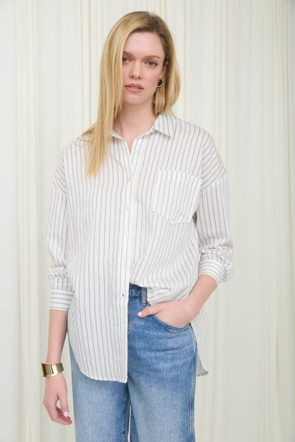 Ivory Striped Collared Long Sleeve Shirt