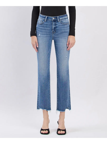 High Rise Uneven Raw Hem Slim Straight Jeans