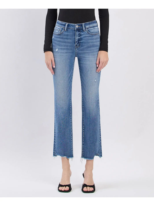 High Rise Uneven Raw Hem Slim Straight Jeans